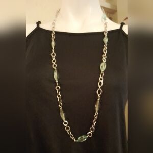 Cookie Lee- 35" Single Strand Silver Tone Chain With Oval Green Crystal Beads